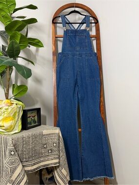 Reverof LARGE Blue Flare Leg Raw Hem Denim Overalls